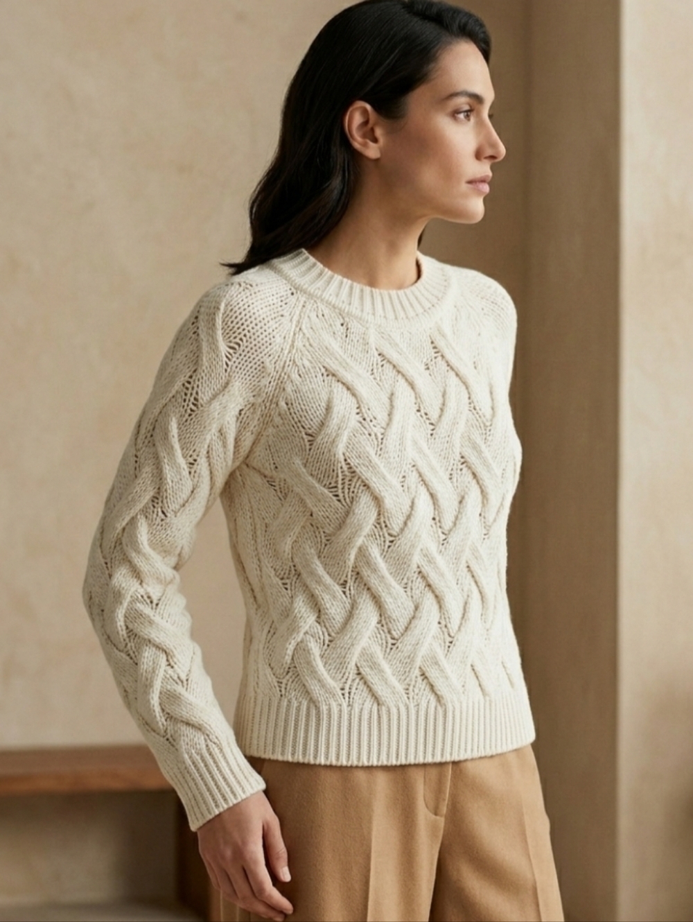 Cocogio Women's White Chunky Cable Knit Crew Neck Sweater M